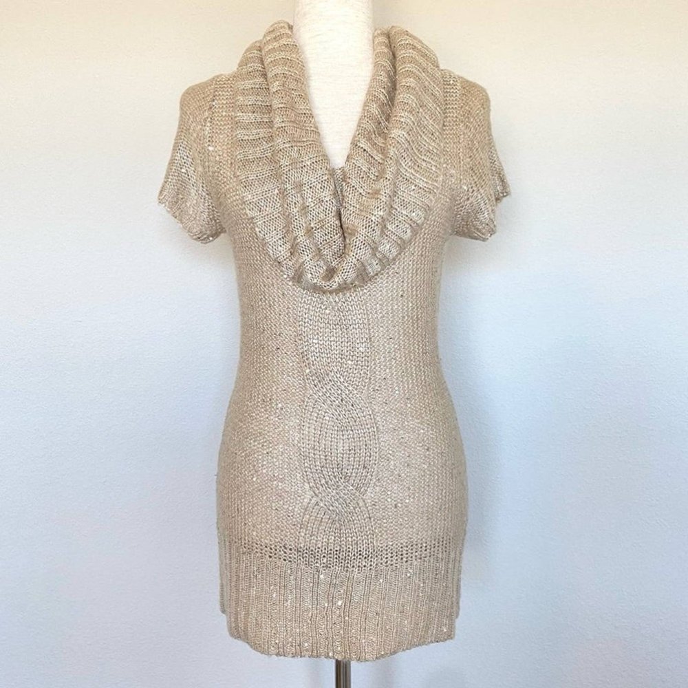 DEB Cowl Neck Wool Blend Sequin Tunic Sweater Tan Size Small